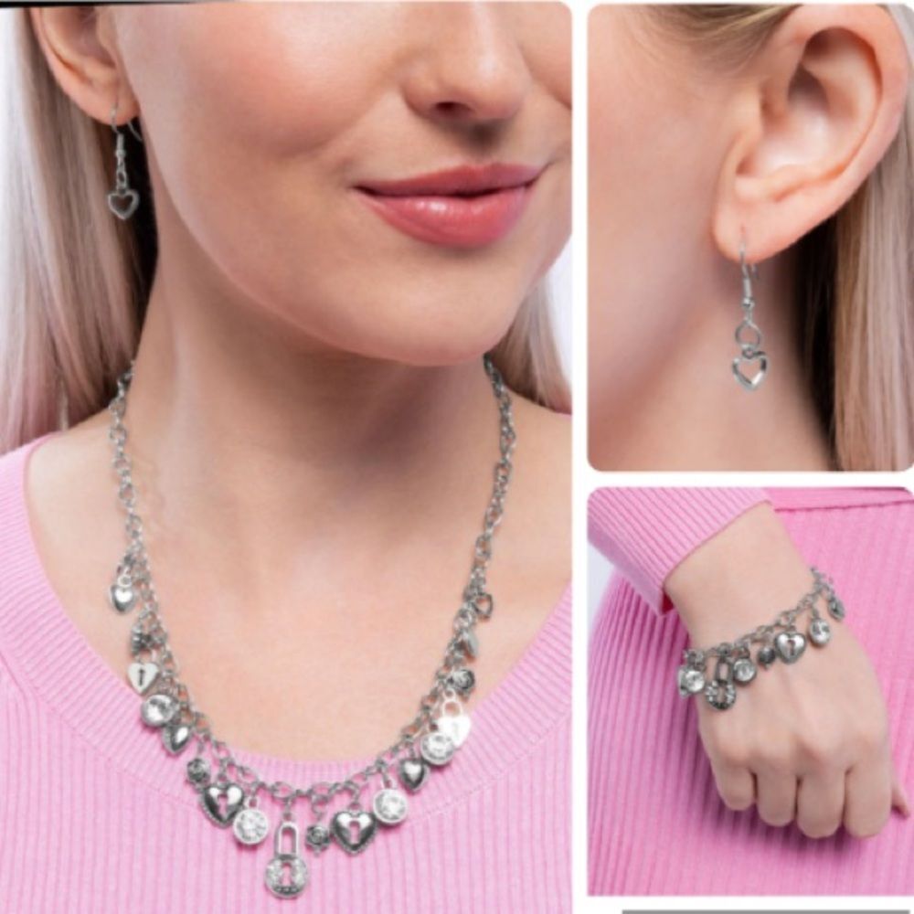Lot of 2 Paparazzi Heart Charm Bracelet Charm Necklace Complete Look Silver New